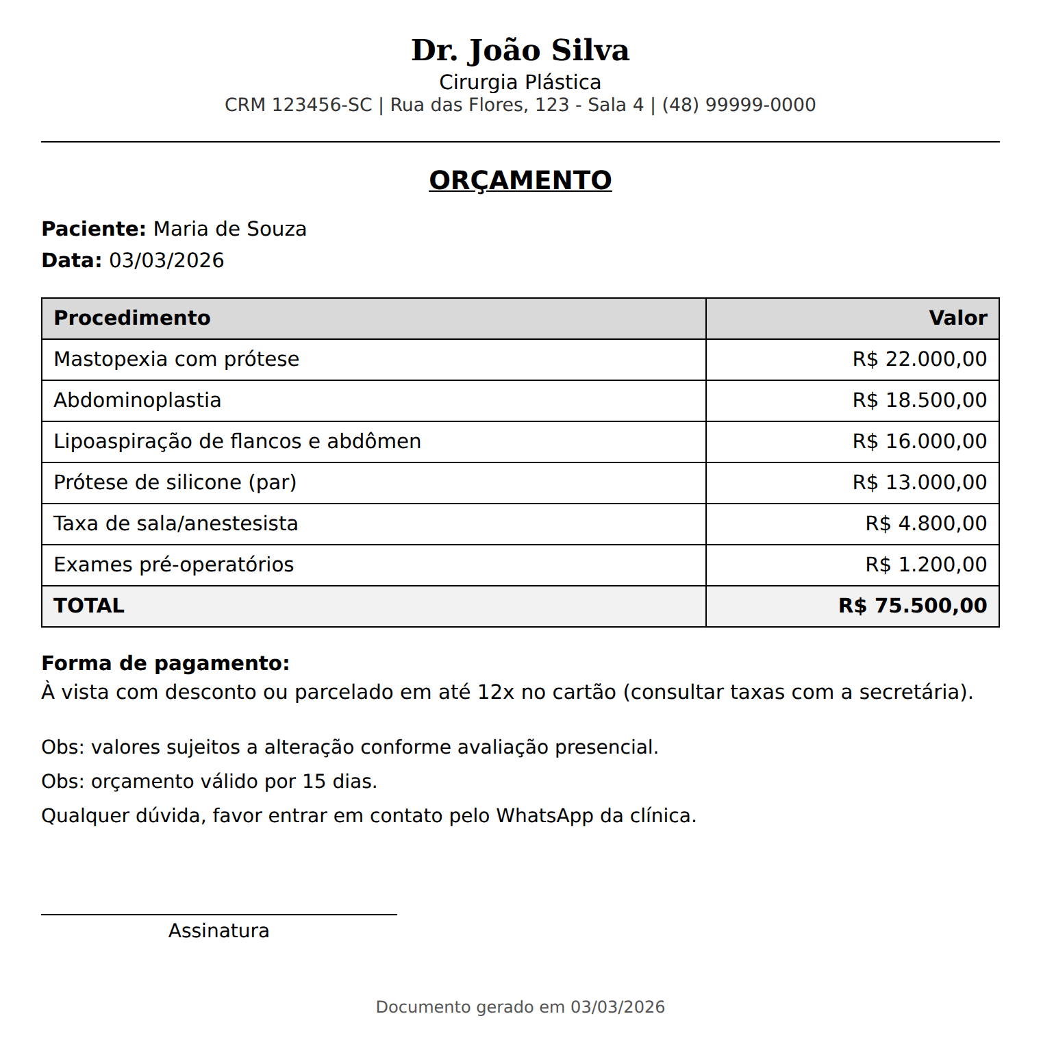 Exemplo de orçamento genérico, sem identidade visual, feito em um editor de texto comum